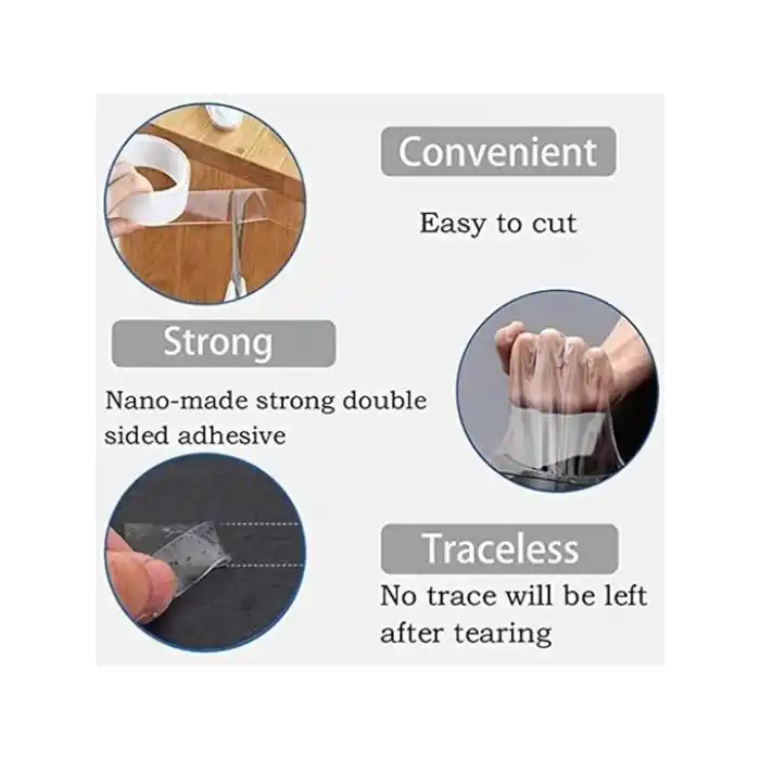 PDAteknoloji Su Sızdırmaz Çift Taraflı Şeffaf Bant 5 Metre Ekstra Güçlü Yıkanabilir İnce Nano Bant Genişlik 30mm Kalınlık 1mm Halı Ev Mutfak Banyo Araba Ofis için LTS-BND07