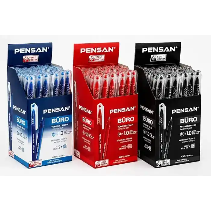 Pensan Büro 2270 Tükenmez Kalem, 1.0 mm Medium Uç, Mavi, Ofis, Okul ve Kırtasiye Kullanımı için Akıcı Yazım Kalemi (siyah 10 - mavi 10 - kırmızı 10)