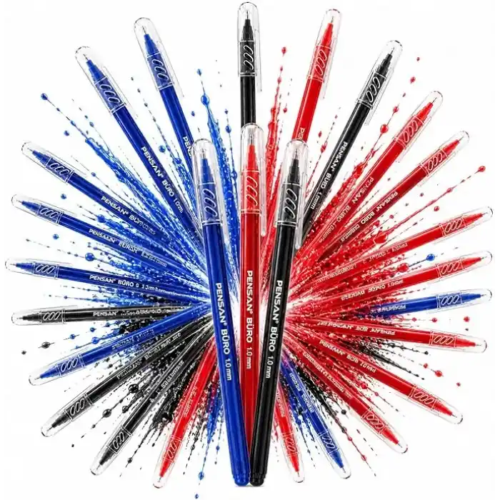Pensan Büro 2270 Tükenmez Kalem, 1.0 mm Medium Uç, Mavi, Ofis, Okul ve Kırtasiye Kullanımı için Akıcı Yazım Kalemi (siyah 10 - mavi 10 - kırmızı 10)