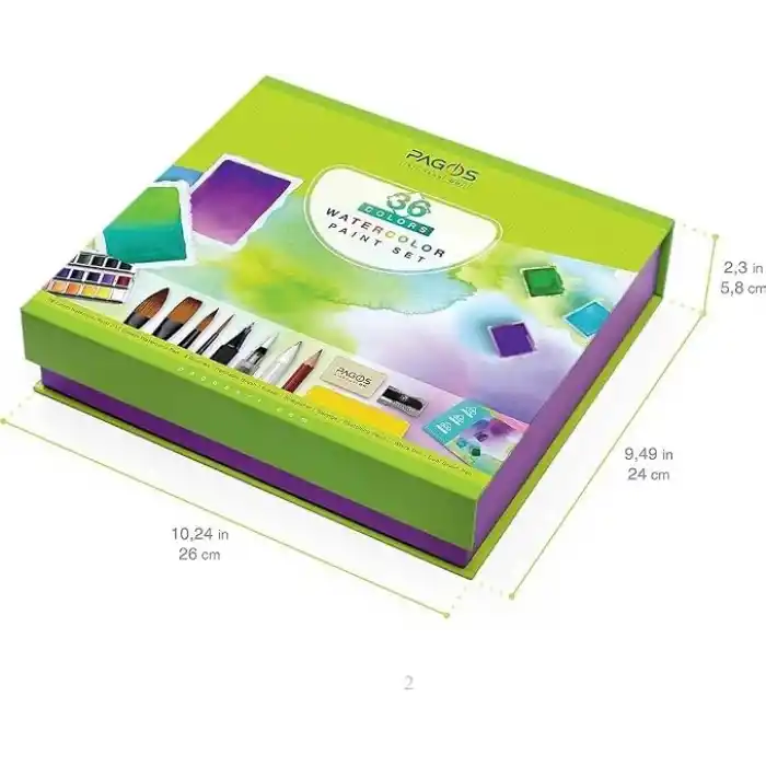 PAGOS Sulu boya seti, profesyonel 36 sabit pigment boyama kutusu, yüksek pigmentasyon, sanatçılar, öğrenciler, yetişkinler için 12 sulu boya kağıdı