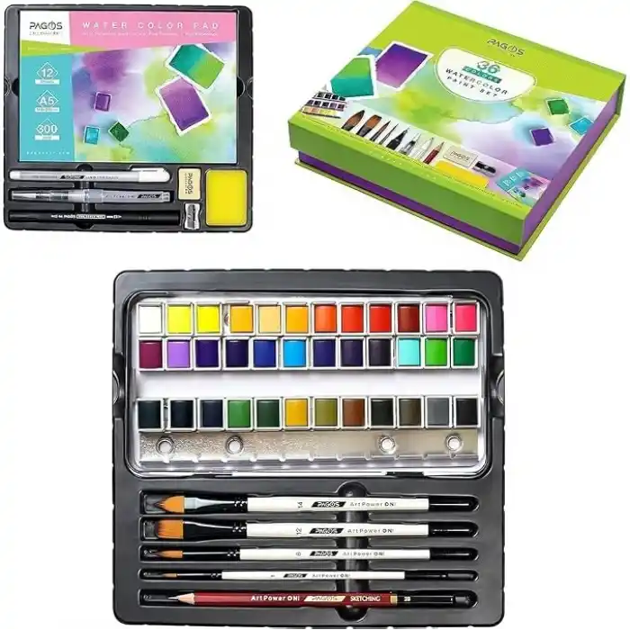 PAGOS Sulu boya seti, profesyonel 36 sabit pigment boyama kutusu, yüksek pigmentasyon, sanatçılar, öğrenciler, yetişkinler için 12 sulu boya kağıdı