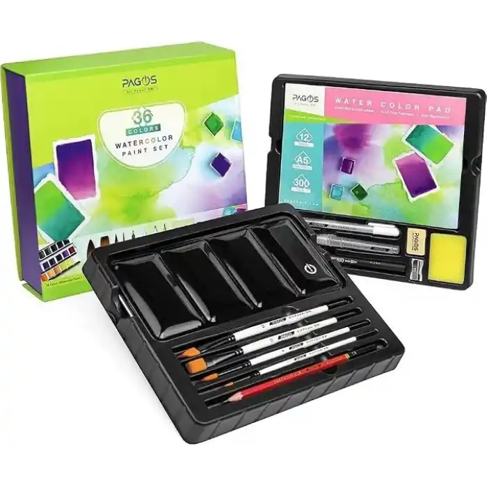 PAGOS Sulu boya seti, profesyonel 36 sabit pigment boyama kutusu, yüksek pigmentasyon, sanatçılar, öğrenciler, yetişkinler için 12 sulu boya kağıdı