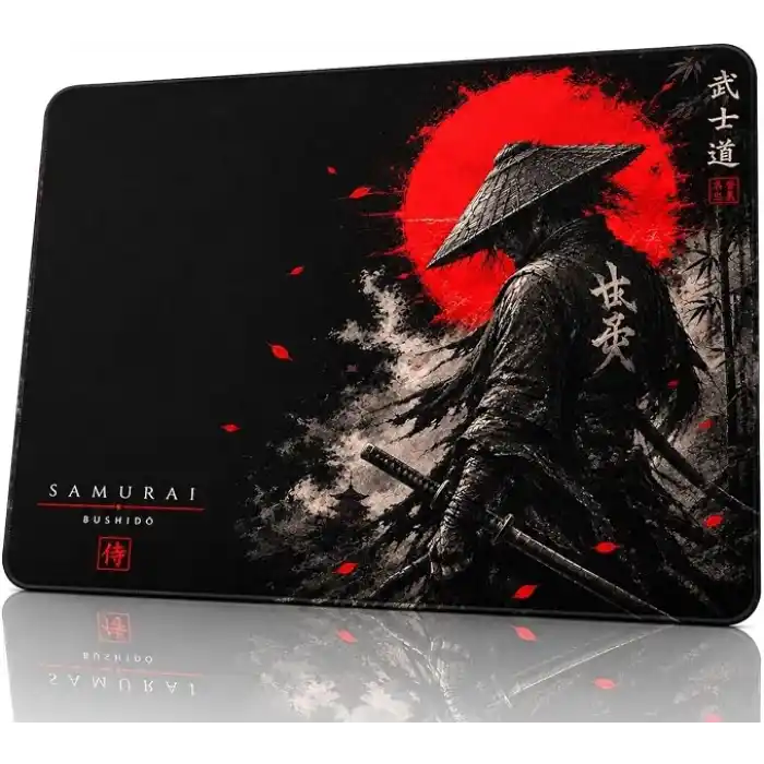 Baskılı Dijital Tasarımlı Oyuncu Mouse Pad, Kaymaz Taban, Dikişli Gaming Mouse Pad Samurai 50x40 Cm