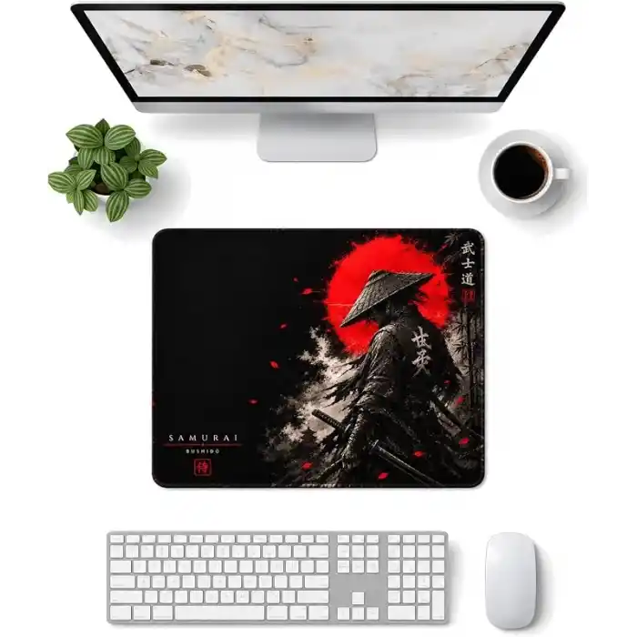 Baskılı Dijital Tasarımlı Oyuncu Mouse Pad, Kaymaz Taban, Dikişli Gaming Mouse Pad Samurai 50x40 Cm