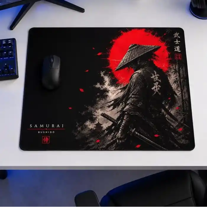 Baskılı Dijital Tasarımlı Oyuncu Mouse Pad, Kaymaz Taban, Dikişli Gaming Mouse Pad Samurai 50x40 Cm