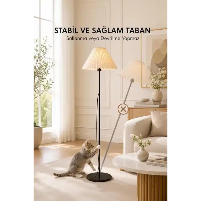 Siyah Metal Ayaklı Lambader Pileli Kırma Krem Başlıklı Salon Yatak Odası Köşe Aydınlatma 150 cm LAM01