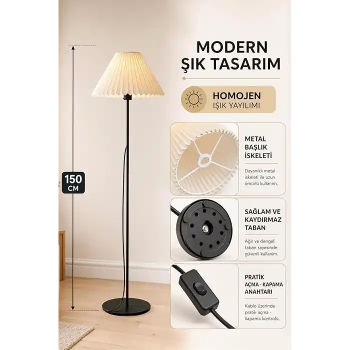 Siyah Metal Ayaklı Lambader Pileli Kırma Krem Başlıklı Salon Yatak Odası Köşe Aydınlatma 150 cm LAM01