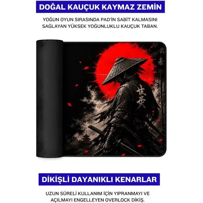 Baskılı Dijital Tasarımlı Oyuncu Mouse Pad, Kaymaz Taban, Dikişli Gaming Mouse Pad Samurai 50x40 Cm