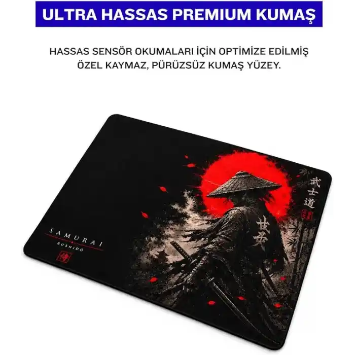 Baskılı Dijital Tasarımlı Oyuncu Mouse Pad, Kaymaz Taban, Dikişli Gaming Mouse Pad Samurai 50x40 Cm