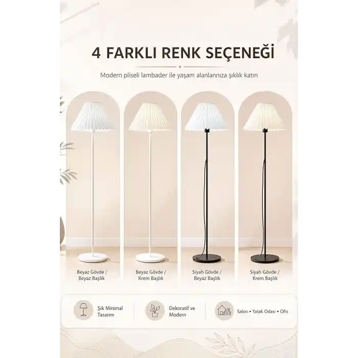 Siyah Metal Ayaklı Lambader Pileli Kırma Krem Başlıklı Salon Yatak Odası Köşe Aydınlatma 150 cm LAM01