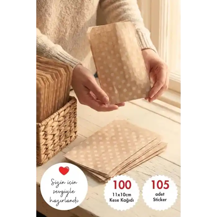 100lü Hediye Paketi Seti, 100 adet Kese Kağıdı (11x20 cm) + 105 adet Sticker