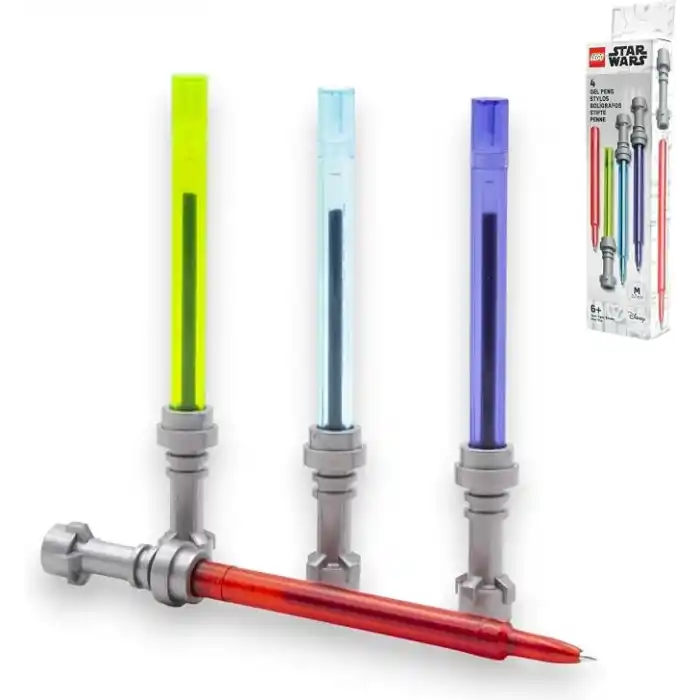 LEGO Star Wars ışın kılıcı jel kalem seti – 4 jel kalem, kırmızı, mavi, yeşil ve mor, ışın kılıcı tasarımlı, resmi hayran ürünü, 6 yaş ve üzeri çocuklar için hediye