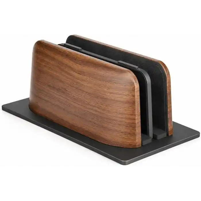 McStorey Ahşap Dikey Laptop Standı, Çift Yuvalı 2 Cihazlık MacBook ve Notebook Tutucu, Masaüstü Organizer, Kaymaz Tabanlı Ahşap Metal Bilgisayar Standı Kahverengi