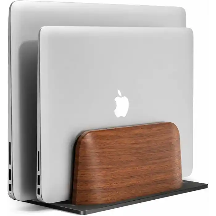 McStorey Ahşap Dikey Laptop Standı, Çift Yuvalı 2 Cihazlık MacBook ve Notebook Tutucu, Masaüstü Organizer, Kaymaz Tabanlı Ahşap Metal Bilgisayar Standı Kahverengi