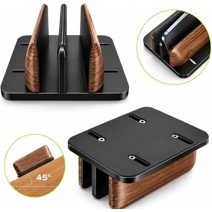 McStorey Ahşap Dikey Laptop Standı, Çift Yuvalı 2 Cihazlık MacBook ve Notebook Tutucu, Masaüstü Organizer, Kaymaz Tabanlı Ahşap Metal Bilgisayar Standı Kahverengi