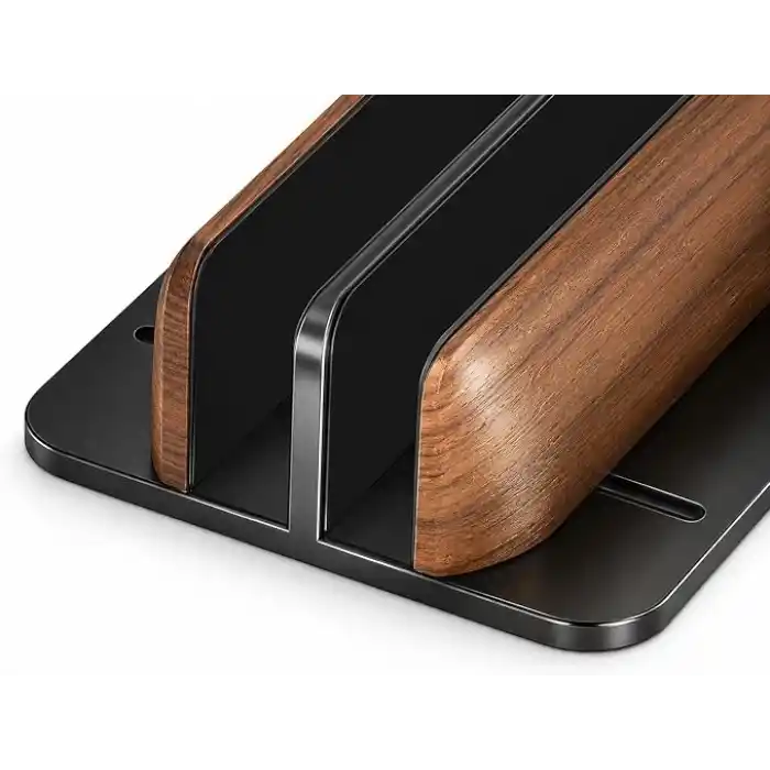 McStorey Ahşap Dikey Laptop Standı, Çift Yuvalı 2 Cihazlık MacBook ve Notebook Tutucu, Masaüstü Organizer, Kaymaz Tabanlı Ahşap Metal Bilgisayar Standı Kahverengi