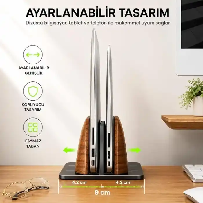 McStorey Ahşap Dikey Laptop Standı, Çift Yuvalı 2 Cihazlık MacBook ve Notebook Tutucu, Masaüstü Organizer, Kaymaz Tabanlı Ahşap Metal Bilgisayar Standı Kahverengi