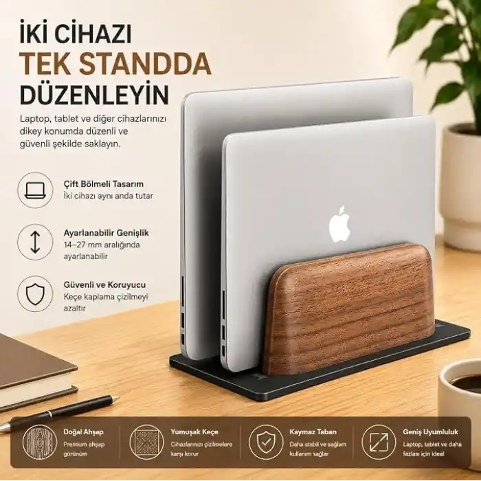 McStorey Ahşap Dikey Laptop Standı, Çift Yuvalı 2 Cihazlık MacBook ve Notebook Tutucu, Masaüstü Organizer, Kaymaz Tabanlı Ahşap Metal Bilgisayar Standı Kahverengi