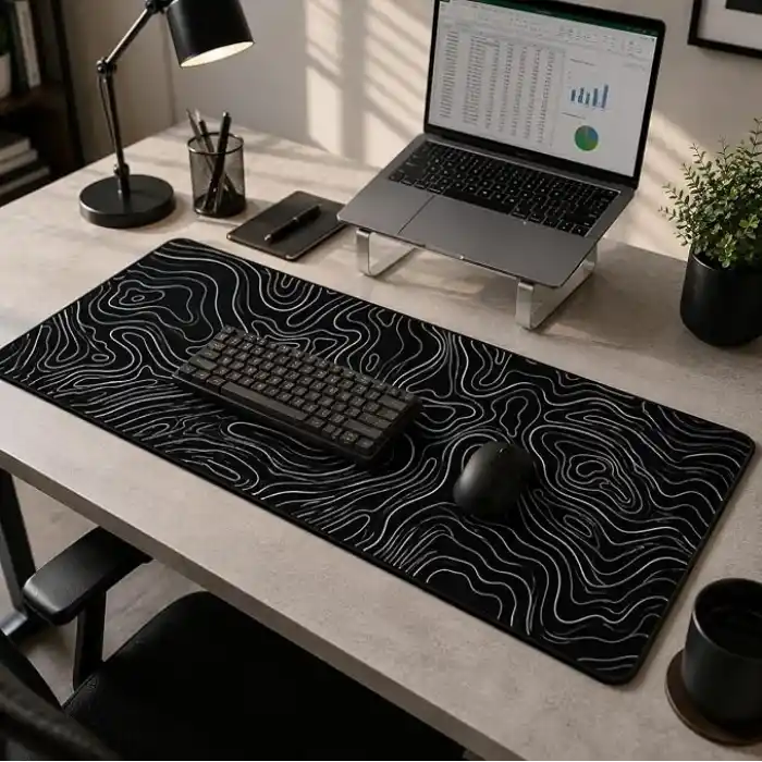 McStorey 90x40 cm Mouse Pad, Beyaz Topografik Kontur Desenli Büyük Mouse Pad, Kaymaz Kauçuk Tabanlı, Dikişli Kenarlı 3 mm Klavye ve Mouse Altlığı, Minimal Desk Mat