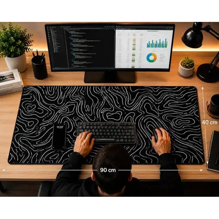 McStorey 90x40 cm Mouse Pad, Beyaz Topografik Kontur Desenli Büyük Mouse Pad, Kaymaz Kauçuk Tabanlı, Dikişli Kenarlı 3 mm Klavye ve Mouse Altlığı, Minimal Desk Mat