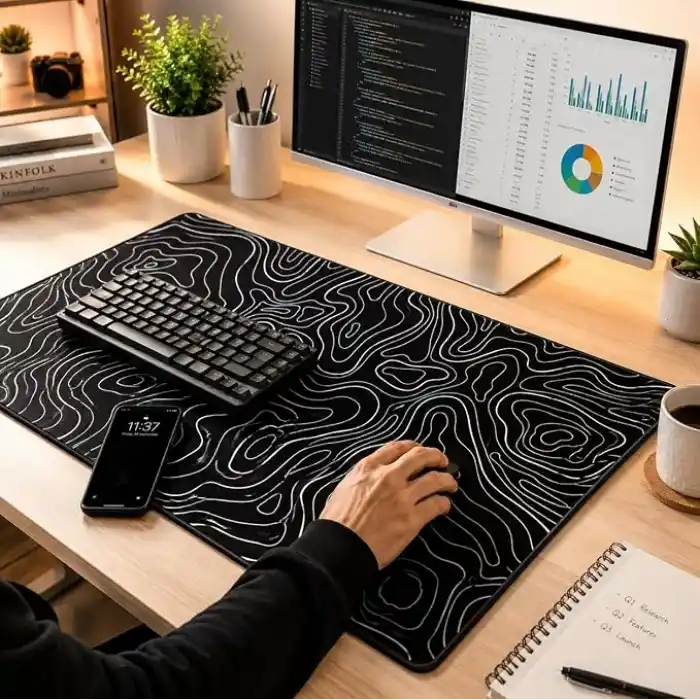 McStorey 90x40 cm Mouse Pad, Beyaz Topografik Kontur Desenli Büyük Mouse Pad, Kaymaz Kauçuk Tabanlı, Dikişli Kenarlı 3 mm Klavye ve Mouse Altlığı, Minimal Desk Mat