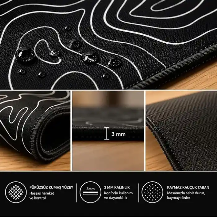 McStorey 90x40 cm Mouse Pad, Beyaz Topografik Kontur Desenli Büyük Mouse Pad, Kaymaz Kauçuk Tabanlı, Dikişli Kenarlı 3 mm Klavye ve Mouse Altlığı, Minimal Desk Mat