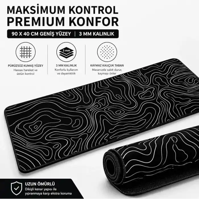 McStorey 90x40 cm Mouse Pad, Beyaz Topografik Kontur Desenli Büyük Mouse Pad, Kaymaz Kauçuk Tabanlı, Dikişli Kenarlı 3 mm Klavye ve Mouse Altlığı, Minimal Desk Mat
