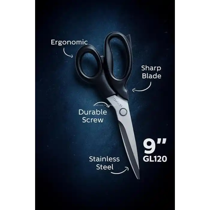 Taksun Paslanmaz Çelik Makas, GL120, Keskin Bıçak, Ofis, Okul Kullanımı, Çok Amaçlı, Dayanıklı Vidalı Yapı, Ergonomik, Hassas Kağıt, Karton, Kumaş Kesimi, Profesyonel Terzi Makası, 9