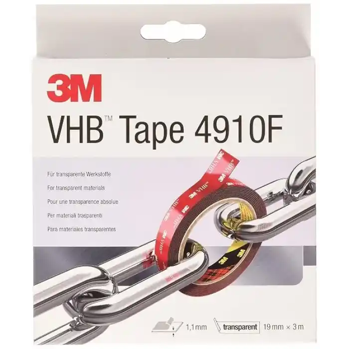 VHB 3M 4910F Montaj Yapışkan Bant Çift Taraflı - Neredeyse Görünmez Yapışkan Tabakalı Şeffaf Malzemelerin Yapıştırılmasını Sağlar - 19 mm x 3 m, Şeffaf, 1,0 mm (1li Paket)
