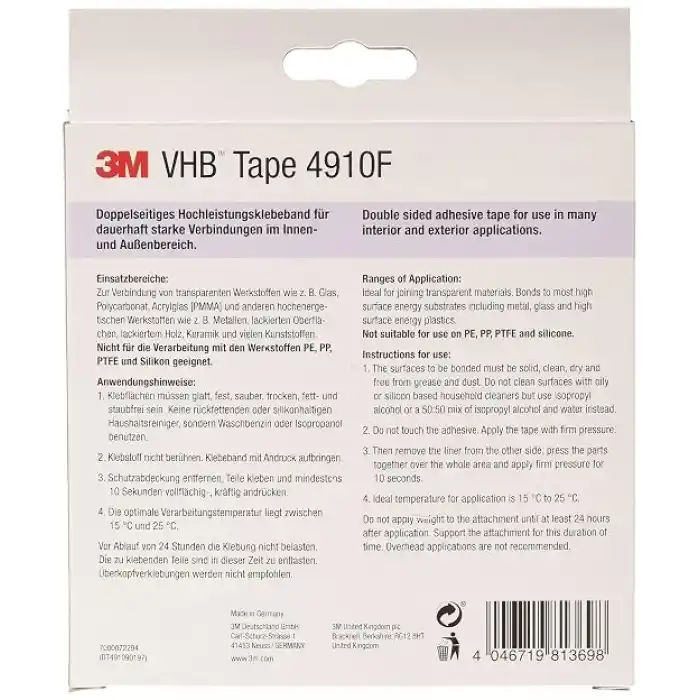 VHB 3M 4910F Montaj Yapışkan Bant Çift Taraflı - Neredeyse Görünmez Yapışkan Tabakalı Şeffaf Malzemelerin Yapıştırılmasını Sağlar - 19 mm x 3 m, Şeffaf, 1,0 mm (1li Paket)