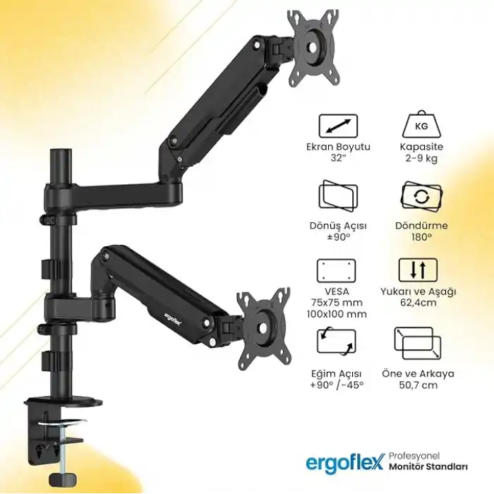 Ergoflex EF S16 Çift Kol 17-32 inch Uyumlu Amortisörlü 2-9 kg Monitör Standı 2026 Versiyon