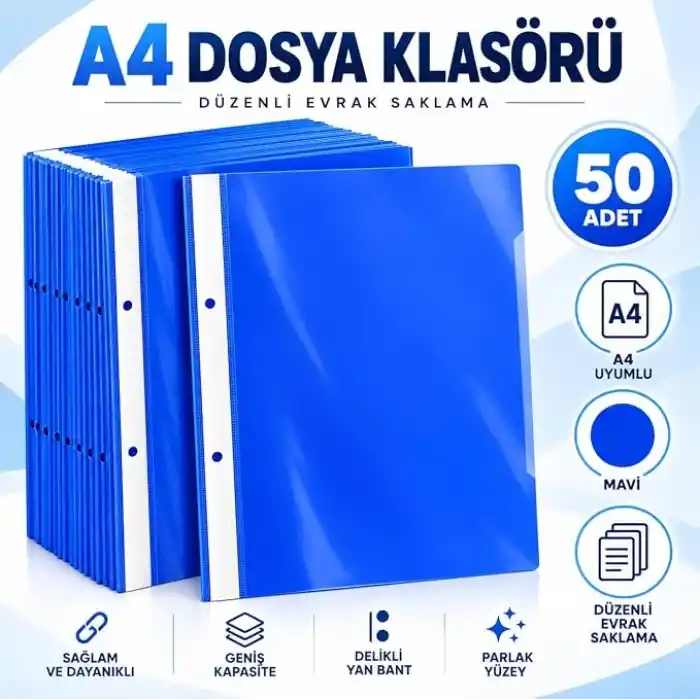 50 Adet Mavi A4 Telli Dosya, Plastik Sunum ve Rapor Dosyası