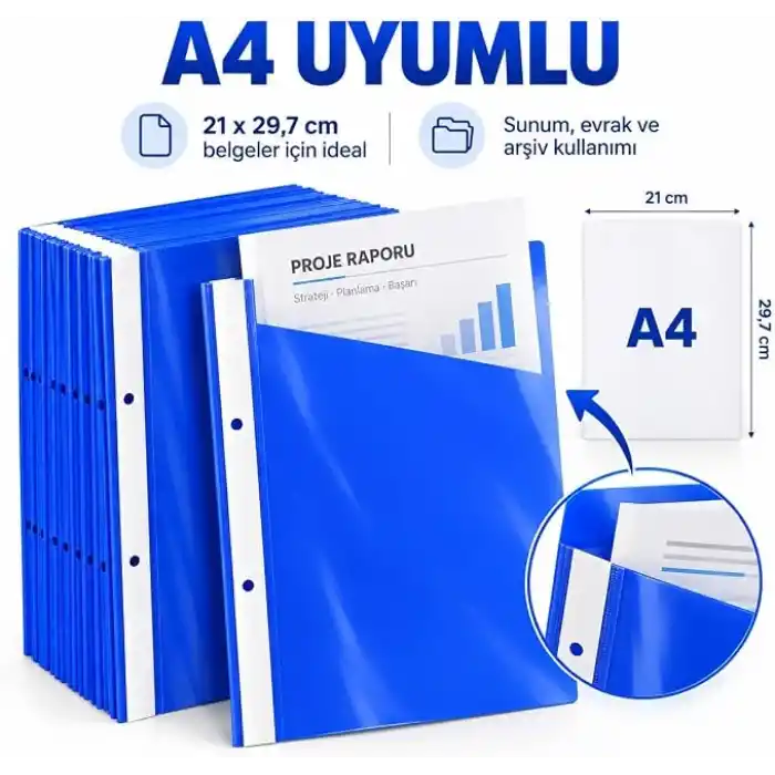 50 Adet Mavi A4 Telli Dosya, Plastik Sunum ve Rapor Dosyası