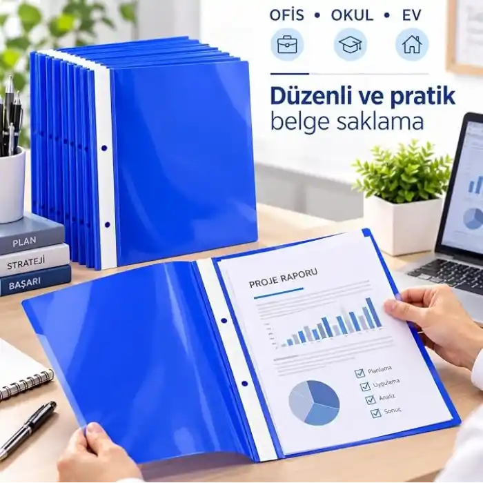 50 Adet Mavi A4 Telli Dosya, Plastik Sunum ve Rapor Dosyası