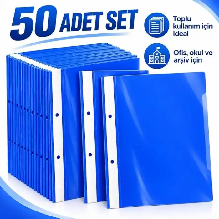 50 Adet Mavi A4 Telli Dosya, Plastik Sunum ve Rapor Dosyası