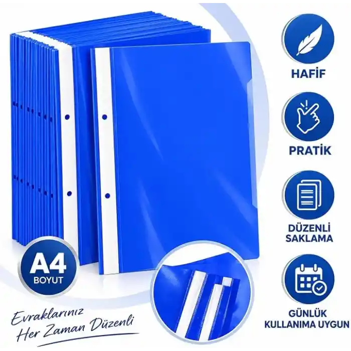 50 Adet Mavi A4 Telli Dosya, Plastik Sunum ve Rapor Dosyası