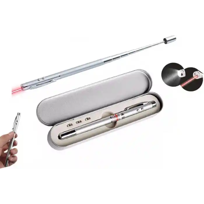 Metal Kutulu Kırmızı Lazerli, Led Işıklı Mıknatıslı Pointer Kalemi İşaretçi Uzayabilen Sunum Çubuğu Teleskopik Metal Tükenmez Kalem (PRS-1521G)