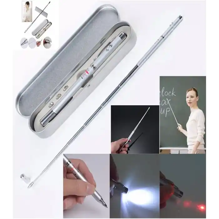 Metal Kutulu Kırmızı Lazerli, Led Işıklı Mıknatıslı Pointer Kalemi İşaretçi Uzayabilen Sunum Çubuğu Teleskopik Metal Tükenmez Kalem (PRS-1521G)