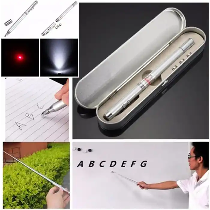 Metal Kutulu Kırmızı Lazerli, Led Işıklı Mıknatıslı Pointer Kalemi İşaretçi Uzayabilen Sunum Çubuğu Teleskopik Metal Tükenmez Kalem (PRS-1521G)