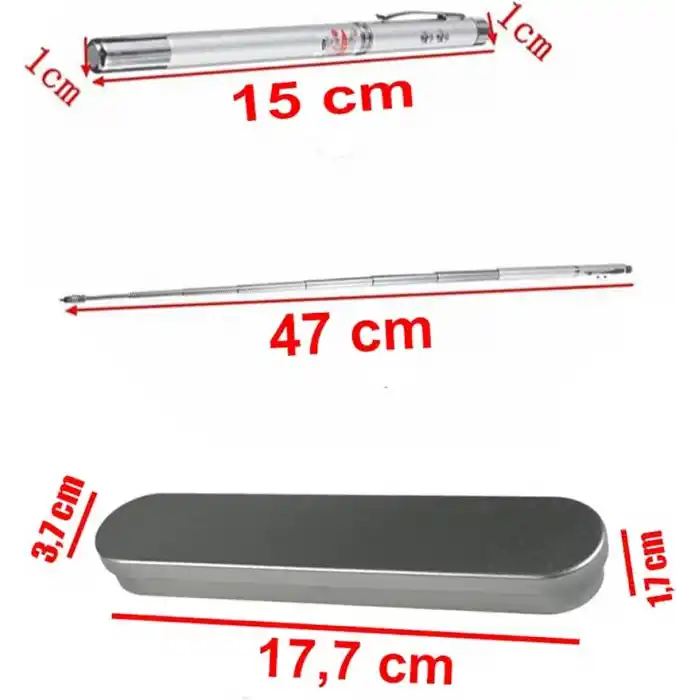 Metal Kutulu Kırmızı Lazerli, Led Işıklı Mıknatıslı Pointer Kalemi İşaretçi Uzayabilen Sunum Çubuğu Teleskopik Metal Tükenmez Kalem (PRS-1521G)