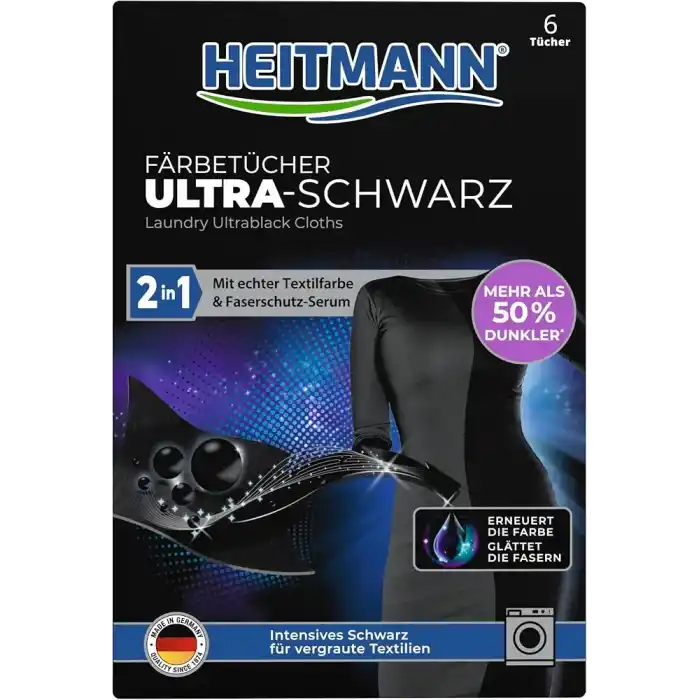 HEITMANN 2si 1 arada boyama bezleri ultra siyah | pürüzlü siyah kıyafetler için renk tazeleme ve bakım | yüksek kaliteli tekstil boyasına sahip boya bezleri | çamaşır makinesinde kullanım için | 6