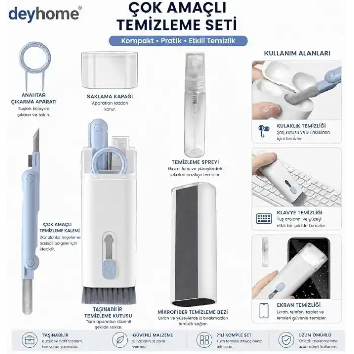 7si 1 Arada Elektronik Temizleyici Kiti, Fırçalı Klavye Temizleyici Kiti, Airpods Pro için 3ü 1 Arada Temizleme Kalemi, Kulaklık, Klavye, Dizüstü Bilgisayar, Telefon, PC Monitörü için