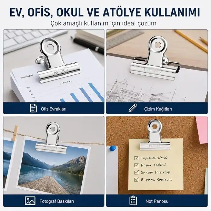 Coverzone Metal Kıskaç Klips 64mm 12 Adet Paslanmaz Çelik Büyük Kağıt Klipsi, Evrak Fotoğraf Not Tutucu Çok Amaçlı Ofis Kırtasiye Klipsi Yaylı Kıskaç CZ-11