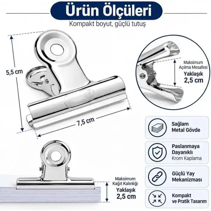 Coverzone Metal Kıskaç Klips 64mm 12 Adet Paslanmaz Çelik Büyük Kağıt Klipsi, Evrak Fotoğraf Not Tutucu Çok Amaçlı Ofis Kırtasiye Klipsi Yaylı Kıskaç CZ-11