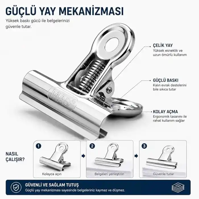 Coverzone Metal Kıskaç Klips 64mm 12 Adet Paslanmaz Çelik Büyük Kağıt Klipsi, Evrak Fotoğraf Not Tutucu Çok Amaçlı Ofis Kırtasiye Klipsi Yaylı Kıskaç CZ-11