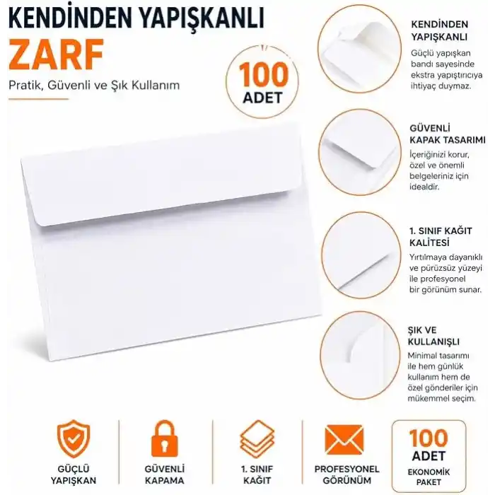 Orret Home 100 Adet Kendinden Yapışkanlı Beyaz Mektup Zarfı, Tutkallı Kapaklı Zarf, Davetiye Tebrik Kartı Para Evrak Posta Gönderim Ofis Okul Zarfı, Düğün Davetiyesi Not Kartı İçin, 16x11 cm
