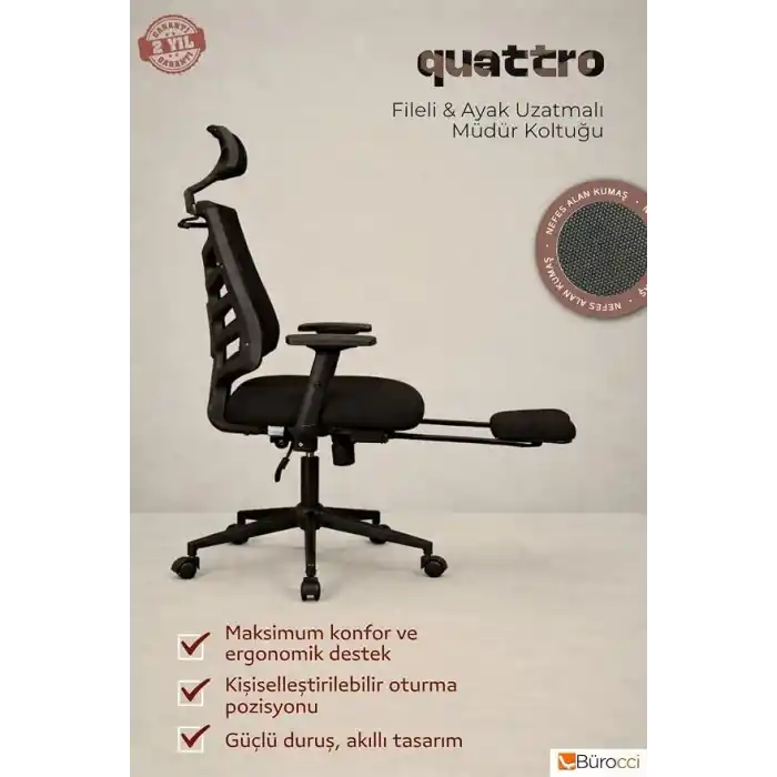 Quattro Fileli Müdür Koltuğu Ayak Uzatmalı Çalışma Koltuğu Siyah