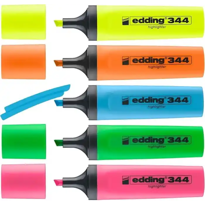 Edding 344 fosforlu kalem seti - sarı, turuncu, mavi, pembe, yeşil - 5 fosforlu kalem - 2-5 mm kesik uç