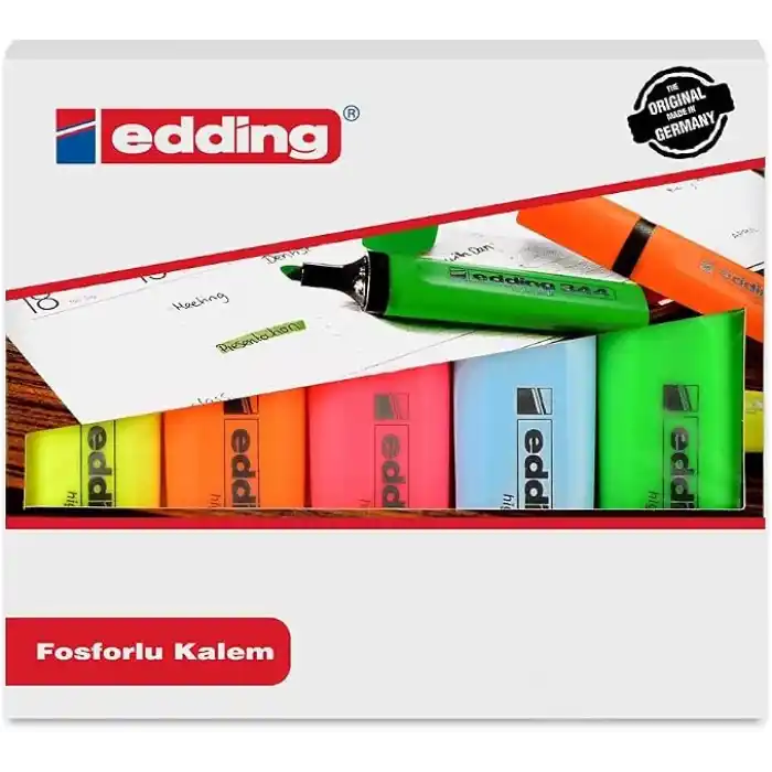 Edding 344 fosforlu kalem seti - sarı, turuncu, mavi, pembe, yeşil - 5 fosforlu kalem - 2-5 mm kesik uç