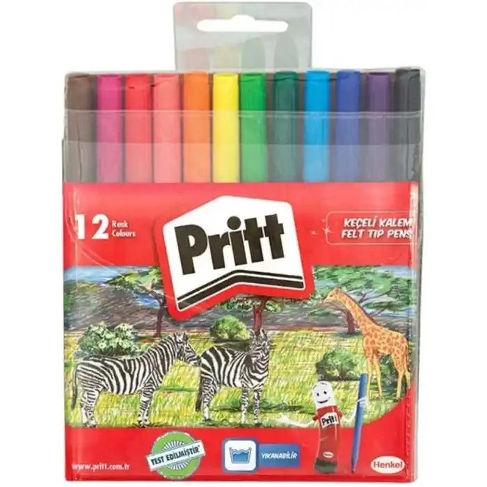 Pritt Keçeli Kalemler, çocuk dostu zararsız boya, su bazlı renkli kalem, silinebilir boya kalemi, dayanıklı kırtasiye malzemesi, 12 Renkli Paket